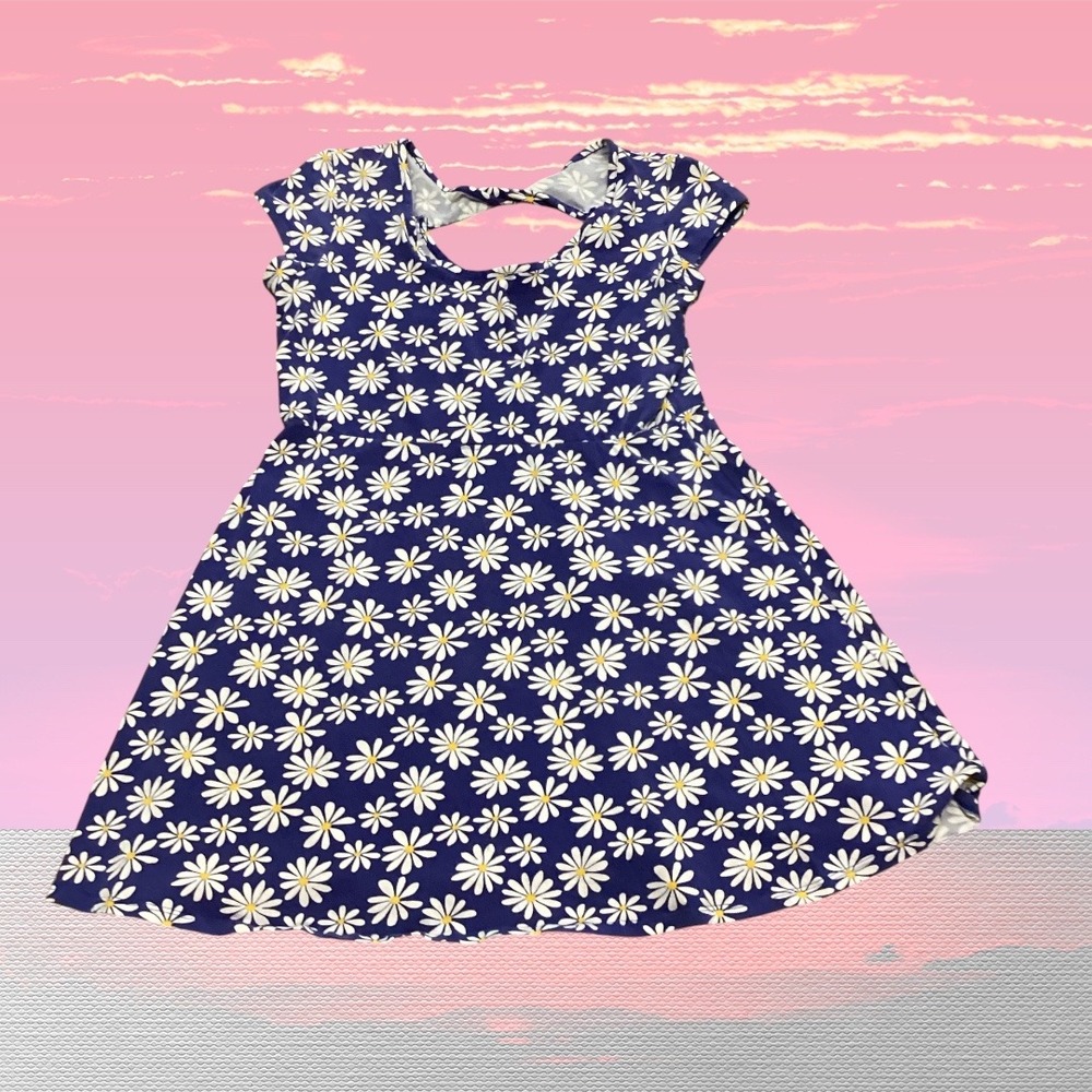 Joe B Joe Benbasset Navy Blue Daisy Floral Print Skater Dress Cutout Back Mini